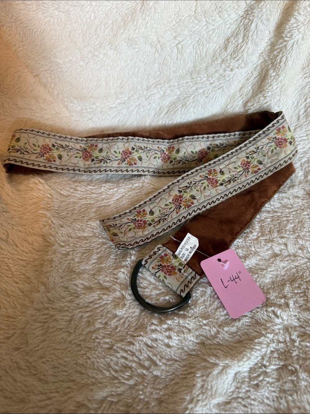 Floral Embroidered Brown Fabric Belt with D-Ring